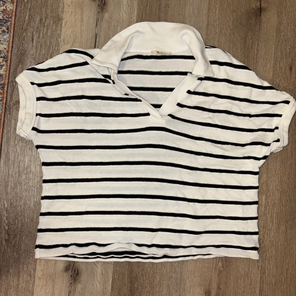 Madewell Black & White Striped Cotton Collared Top – Fits Like Large – No Tag